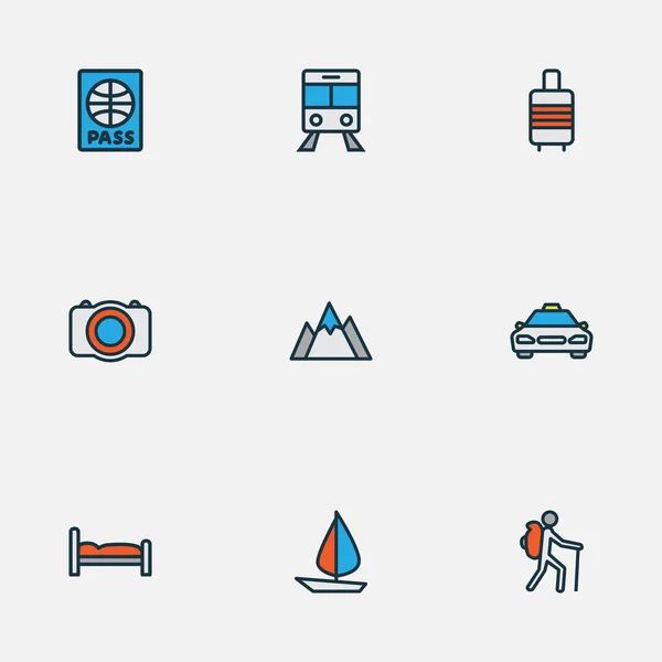 Wandersymbole farbige Linie mit Segelboot, Tourist mit Rucksack, Bett und anderen Kletterelementen gesetzt. Isolierte Vektorillustration Wandersymbole. — Stockvektor