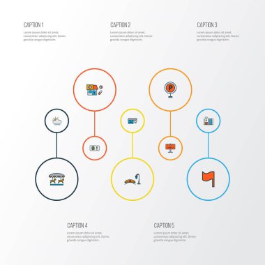 Restoran, reklam panosu, hava durumu ve diğer kafe unsurları olan şehir simgeleri. Münferit illüstrasyon şehir simgeleri.