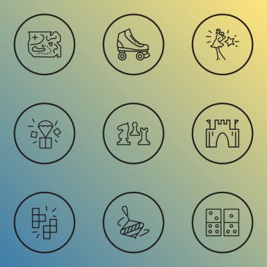 Domino, paten kayma, girdap ve diğer ortaçağ kule elementleriyle hobi simgeleri çizimi. İzole illüstrasyon hobileri.