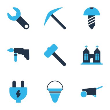 Elektrik prizi, ingiliz anahtarı, fayanslar için çekiç ve diğer el arabası elementleriyle renklendirilmiş sanayi simgeleri. İzole edilmiş illüstrasyon sektörü simgeleri.