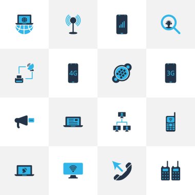 Çağrı, bilgisayar kablosuzu, mobil ağ ve diğer aygıtlarla renklendirilmiş iletişim simgeleri. İzole illüstrasyon iletişim simgeleri.