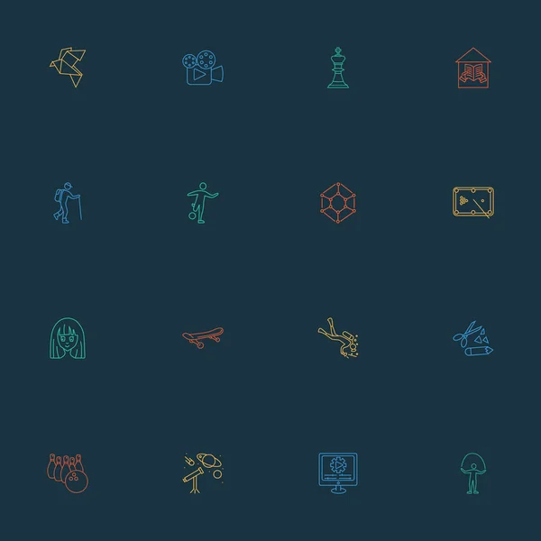 Hobby icons line style set with astrology, billiard, hiking and other training elements. Isolated illustration hobby icons.