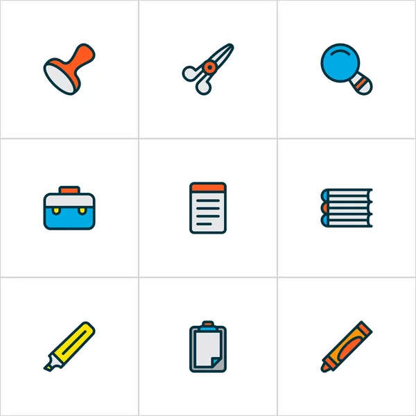 Hangszer ikonok színes vonal készlet könyvek, jegyzettömb, marker és egyéb notebook elemek. Izolált illusztrációs műszer ikonok. — Stock Fotó