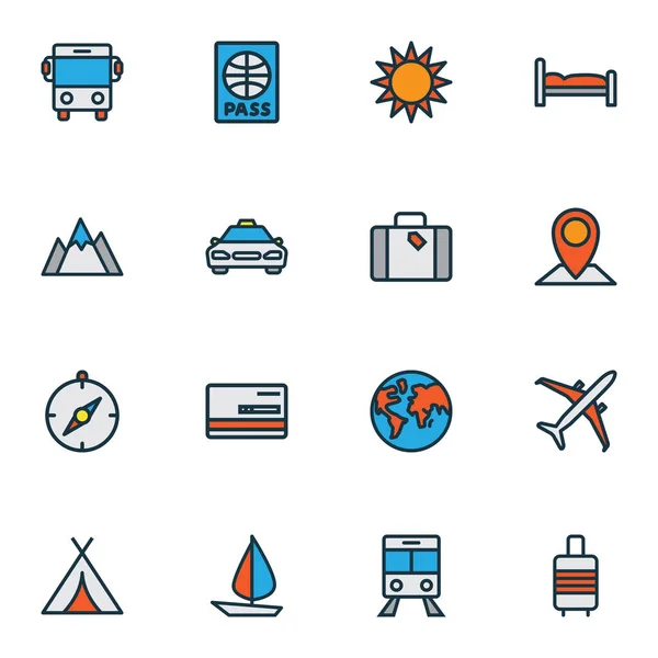 Reise-Symbole farbige Linie mit Bergen, Koffer, Segelboot und anderen Camping-Elementen gesetzt. Ikonen der Illustrationsreise. — Stockfoto