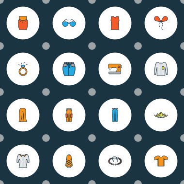 Giysi, kısa etek, bilezik ve diğer giysi unsurlarıyla süslü moda simgeler. İzole vektör illüstrasyonu moda simgeleri.