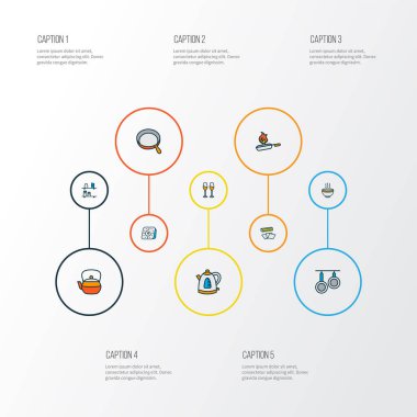 Gastronomi simgeleri çaydanlık, mutfak rafları, fırın kağıdı ve diğer saat elementleriyle renklendirilmiş. İzole vektör çizimi gastronomi simgeleri.