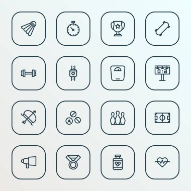 Basınç takip cihazı, futbol sahası, pruva ve diğer saha elemanları ile etkinlik simgeleri çizimi. İzole vektör illüstrasyon etkinlik simgeleri.