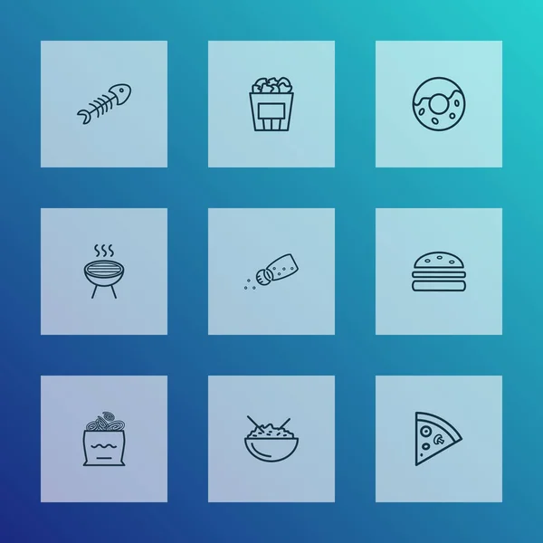 Ernährungssymbole runden das Stilset mit Zwiebelbrötchen, Grill, Reisschale und anderen Fischskelett-Elementen ab. Isolierte Illustration Ernährungssymbole. — Stockfoto