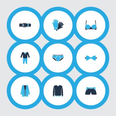 Pantolon, takım elbise, hırka ve diğer kazak unsurlarıyla renklendirilmiş ikonlar. İzole edilmiş illüstrasyon elbise simgeleri.