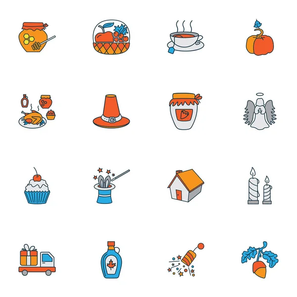 Celebration icons colored line set with thanksgiving hat, magicians hat, acorn and other truck surprise elements. Isolated illustration celebration icons.