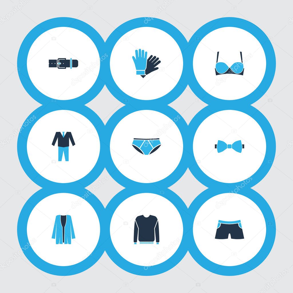 Garment icons colored set with pants, suit, cardigan and other pullover elements. Isolated illustration garment icons.