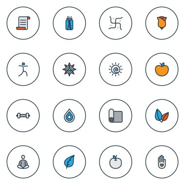 Çiçek, tütsü, süsleme ve diğer elma unsurlarıyla belirlenmiş renkli simgeleri gevşetin. İzole vektör illüstrasyonu rahatlama simgeleri.