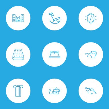 Çift yatak, yatak, duvar aynası ve diğer hasır mobilya elementleriyle ev simgeleri dizisi. İzole vektör illüstrasyon evi simgeleri.