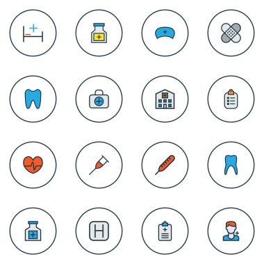 Uyuşturucu, hastane binası, koltuk değneği ve diğer sıcaklık ölçüm elementleriyle renklendirilmiş uyuşturucu simgeleri. İzole vektör illüstrasyon ilaç simgeleri.