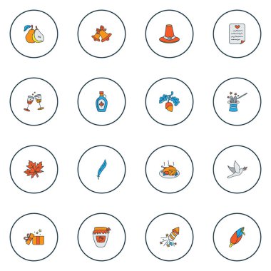 Kutlama simgeleri. Kadeh takımı, pişmiş hindi, reçel kavanozu ve diğer doğa unsurlarıyla renklendirilmiş. İzole edilmiş illüstrasyon kutlama simgeleri.