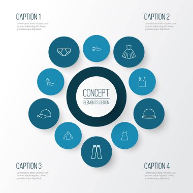 Panama, pantolon, külot ve diğer atlet unsurlarla birlikte giysi simgeleri dizisi. İzole edilmiş illüstrasyon elbise simgeleri.