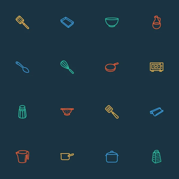 Conjunto de iconos de utensilios de cocina estilo línea con colador, sal, elementos drenadores de papel para hornear. Iconos de utensilios de cocina de ilustración vectorial aislado . — Archivo Imágenes Vectoriales