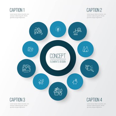 Çevre simgeleri çizgi biçimi floresan ampul, eko araştırma, doğa ve diğer ampul elementleri ile belirlenmiştir. İzole edilmiş illüstrasyon ortam simgeleri.
