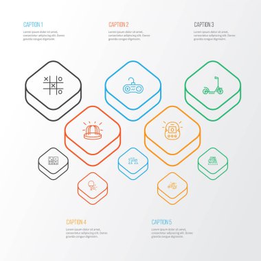 Oyun parkı, scooter, spin atıcısı ve diğer motosiklet ögeleri ile etkinlik simgeleri çizgisi biçimi. İzole edilmiş illüstrasyon etkinlik simgeleri.