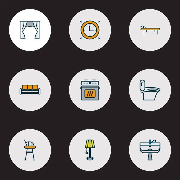 Haus-Symbole farbige Linie mit Toilette, Couch, Vorhang und andere Sofa-Elemente gesetzt. Isolierte Vektor-Illustration Haus-Symbole. — Stockvektor