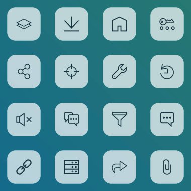 Veri tabanı, pim, haberci ve diğer tamir elemanlarıyla arayüz simge çizgisi biçimi ayarlandı. İzole vektör illüstrasyon arayüzü simgeleri.