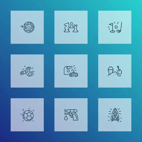 Style de ligne d'icônes d'activité avec golf, princesse, éléments de labyrinthe de bac à sable. Isolation des icônes vectorielles d'activité d'illustration. — Image vectorielle
