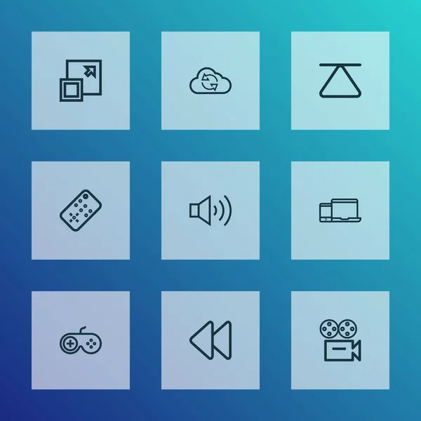 Muziek pictogrammen lijn stijl set met gadget, camera, top en andere cloud-elementen. Afzonderlijke illustratie muziek iconen. — Stockfoto