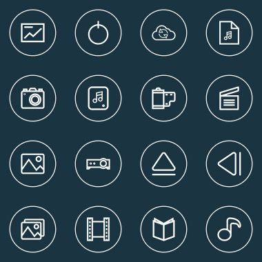 Müzik simgeleri satır biçimi başlangıç, resim, resim ve diğer dosya ögeleri ile ayarlandı. İzole müzik simgeleri.