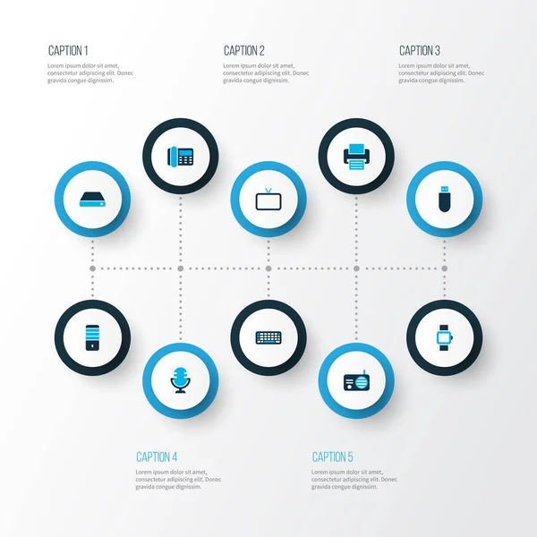 Elektronikai ikonok színes készlet flash drive, rádió, intelligens óra és egyéb televíziós elemek. Elszigetelt illusztráció elektronikai ikonok. — Stock Fotó