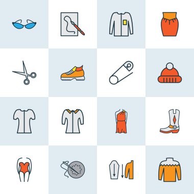 Moda simgeleri, tunik, kedi gözü güneş gözlüğü, yürüyüş botları ve diğer sıradan elementlerle renklendirilmiş. İzole vektör illüstrasyon moda simgeleri.