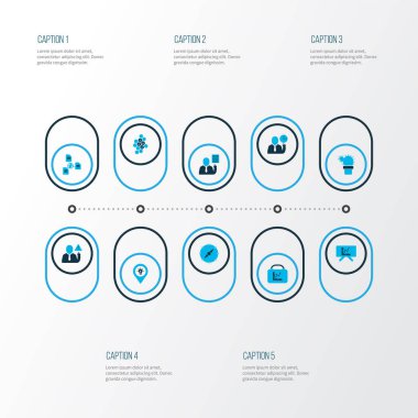Görev simgeleri hedef, çalışan derecesi, analiz tahtası ve diğer analitik elementlere göre ayarlandı. İzole vektör çizim simgeleri.
