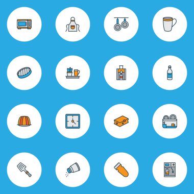 Aşçı simgeleri puding, temizlik süngeri, süzgeç ve diğer alkol elementleriyle ayarlandı. İzole vektör illüstrasyon aşçı simgeleri.