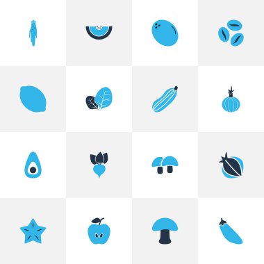 Mantar, kavun, kabak ve diğer kafein elementleriyle renklendirilmiş sebze ikonları. İzole vektör illüstrasyon sebze simgeleri.