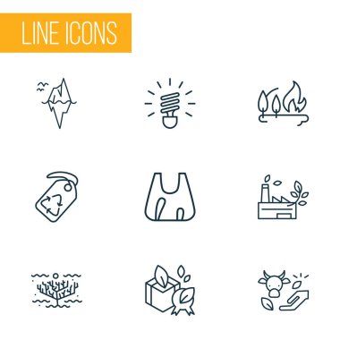 Ekolojik ikonlar eko çiftçiliği, orman yangını, plastik torbalar ve diğer yosun elementleri ile oluşturulmuştur. İzole vektör illüstrasyon ekoloji simgeleri.