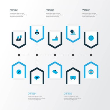 Yeni fikir, pusula, adam üstte ve diğer dişli elementlerle birlikte çalışma simgeleri. İzole edilmiş resimleme çalışma simgeleri.