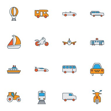 Ulaşım simgeleri mobilet, tren, taksi ve diğer karavan unsurlarıyla renklendirildi. İzole edilmiş resimli taşıma simgeleri.