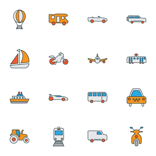 Szállítás ikonok színes vonal készlet robogó, vonat, taxi és egyéb karaván elemek. Elszigetelt illusztráció szállítási ikonok. — Stock Fotó