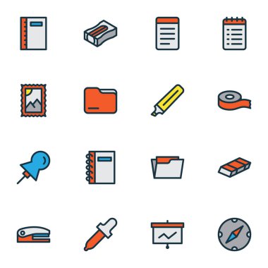 Kırtasiye simgeleri sunum tahtası, spiral defter, iğne ve diğer eğitim unsurlarıyla renklendirilmiş satır. İzole edilmiş illüstrasyon kırtasiye simgeleri.