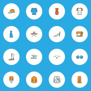 Maksi elbise, uzun etek, topuklu ayakkabı ve diğer kadın vücut kıyafetleriyle süslü moda ikonlar. İzole vektör illüstrasyonu moda simgeleri.