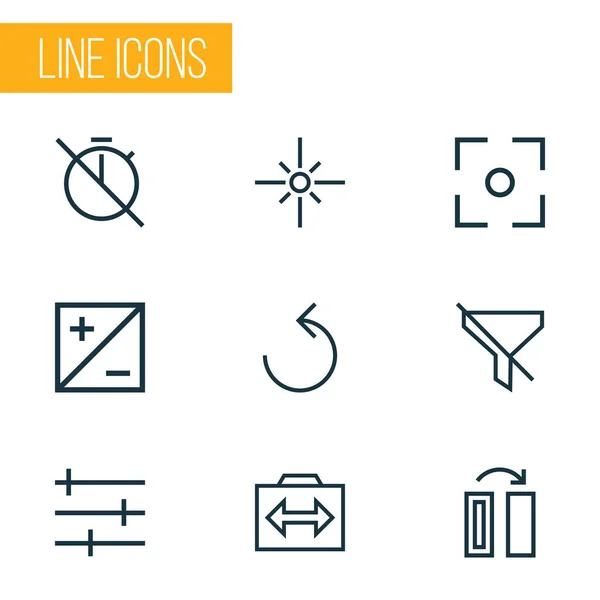 Kép ikonok vonal stílus készlet mód, csillogás, beállítás és egyéb expozíciós elemek. Elszigetelt vektor illusztráció kép ikonok. — Stock Vector