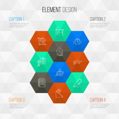 Okul simgeleri, evde eğitim, sanat, fizik ve diğer saat unsurlarıyla birlikte dizilmiş. İzole vektör illüstrasyon okulu simgeleri.