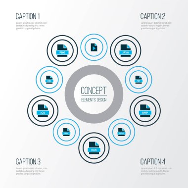 Dosya epub, dosya png, dosya rar ve diğer programlama dili ögeleri ile renklendirilmiş belge simgeleri. İzole vektör illüstrasyon belgesi simgeleri.