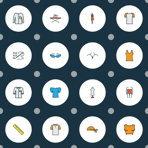 Iconos de moda línea de color conjunto con manga larga, tabla de planchar, traje de baño de una sola pieza y otros elementos de medición. Iconos de moda de ilustración vectorial aislado. — Archivo Imágenes Vectoriales