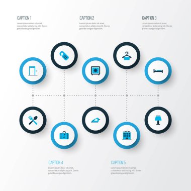 Renkli otel ikonları, askı, lamba ve diğer yatak odası elemanlarını rahatsız etmeyin. İzole edilmiş illüstrasyon otel simgeleri.