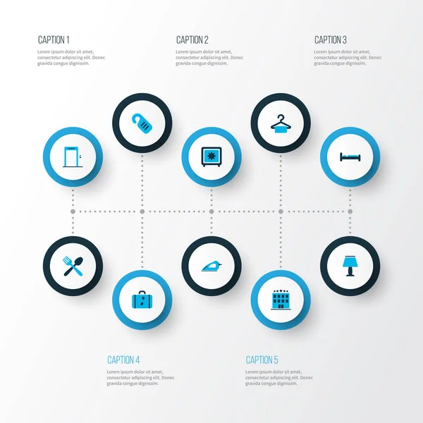Ícones do hotel colorido conjunto com não perturbar, cabide, lâmpada e outros elementos do quarto. Isolados ícones do hotel ilustração. — Fotografia de Stock