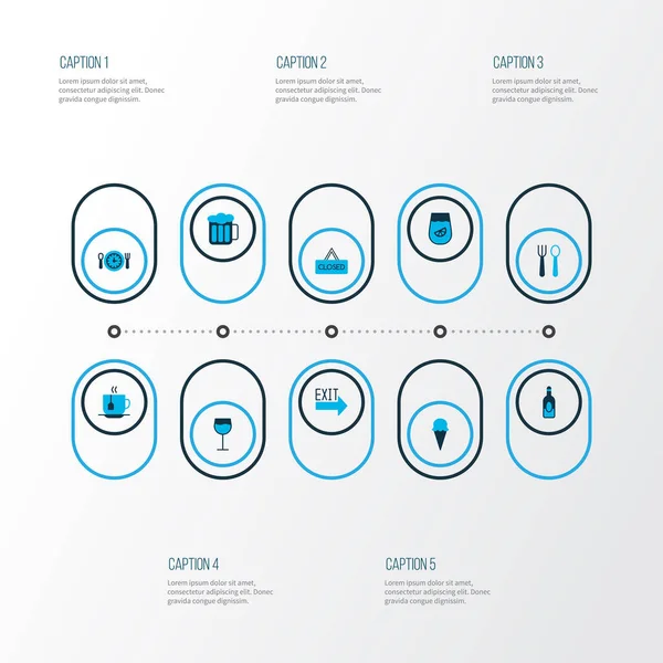 Meyve suyu, kapalı şarap kadehi ve diğer tabela elementleriyle renklendirilmiş simgeler yemek. İzole edilmiş illüstrasyon yeme simgeleri.