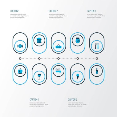 Meyve suyu, kapalı şarap kadehi ve diğer tabela elementleriyle renklendirilmiş simgeler yemek. İzole vektör illüstrasyon yeme simgeleri.