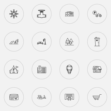 Halka. Skyline simgeleri, çöl, alışveriş sepeti, akıllı şehir ve diğer yapı elemanları ile birlikte dizilmiş. İzole vektör illüstrasyonu halka açık. Skyline simgeleri.