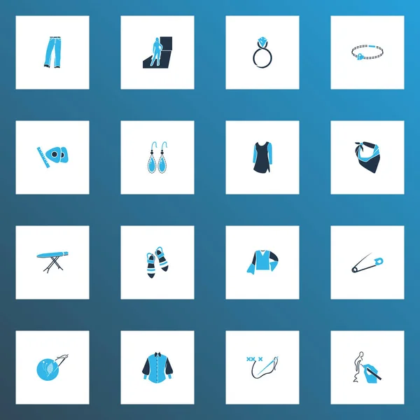 Modische Symbole farbiges Set mit Glockenärmelhemd, Zeichnung, Bügelbrett und anderen Kleidungselementen. Isolierte Vektorillustration modische Symbole. — Stockvektor