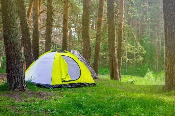 Tourist tent in the forest. Tourist camp. Summer tourism.
